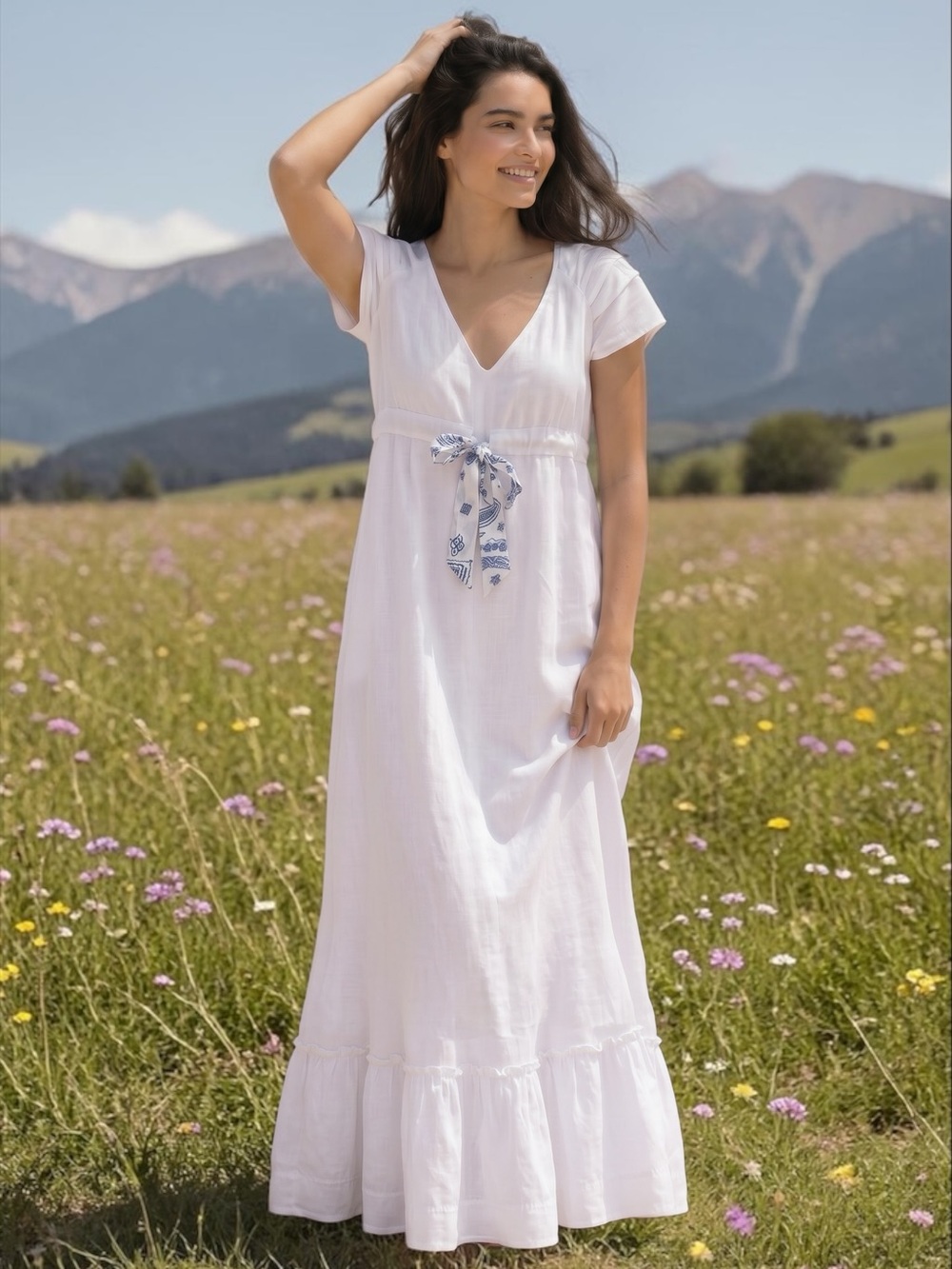 Free People Roucha Maxi Dress White Cotton Tiered Boho V-Neck Size Large ✨